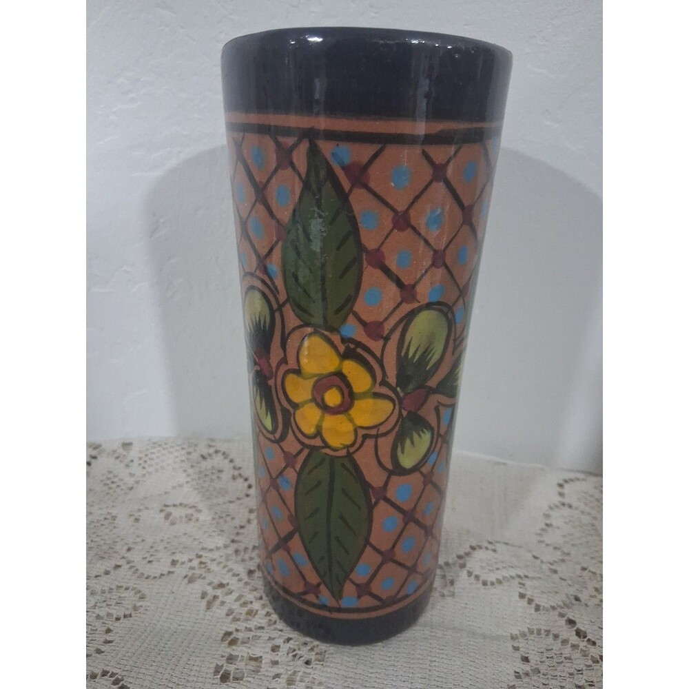 Vtg Mexican Folk Art Talavera Style Colorful Floral  Vase Tumbler 7-1/2" x 3"